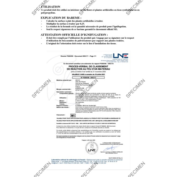 Stop feu Ignifugeant pour Plantes Feuillages et Mur vegetal Artificiel M1