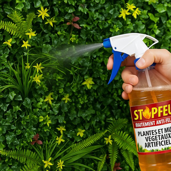 Stop feu Ignifugeant pour Plantes Feuillages et Mur vegetal Artificiel M1