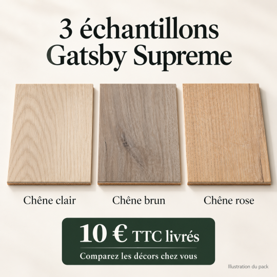 Illustration du pack de 3 échantillons Gatsby Supreme chêne clair, brun et rose à 10 € TTC livrés