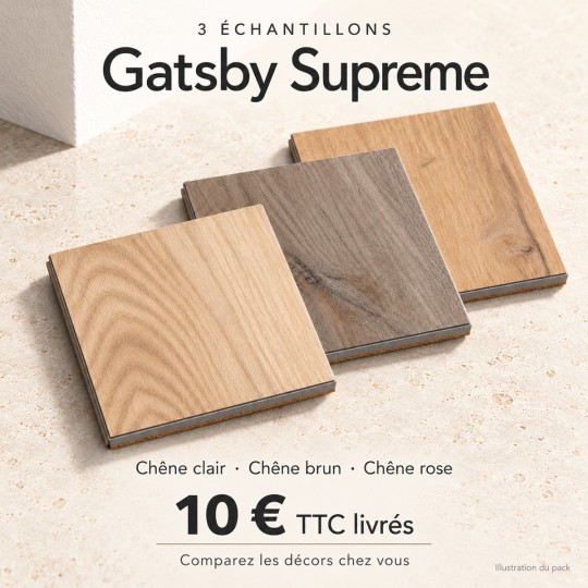 Illustration du pack de 3 échantillons Gatsby Supreme chêne clair, brun et rose à 10 € TTC livrés