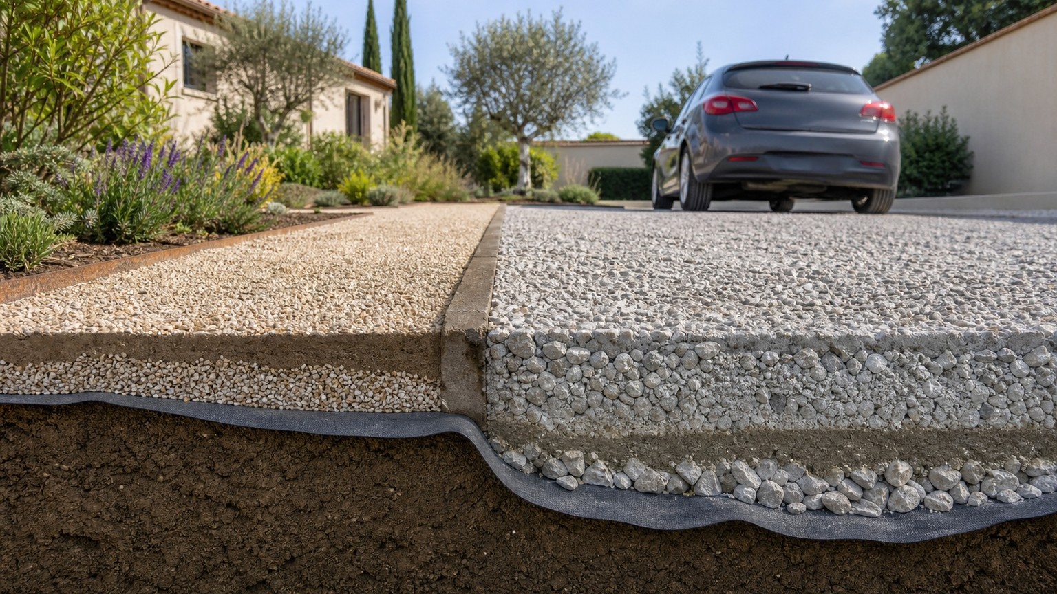 Géotextile sous gravier pour comparer un aménagement piéton en 150 g/m² et une zone carrossable en 300 g/m²