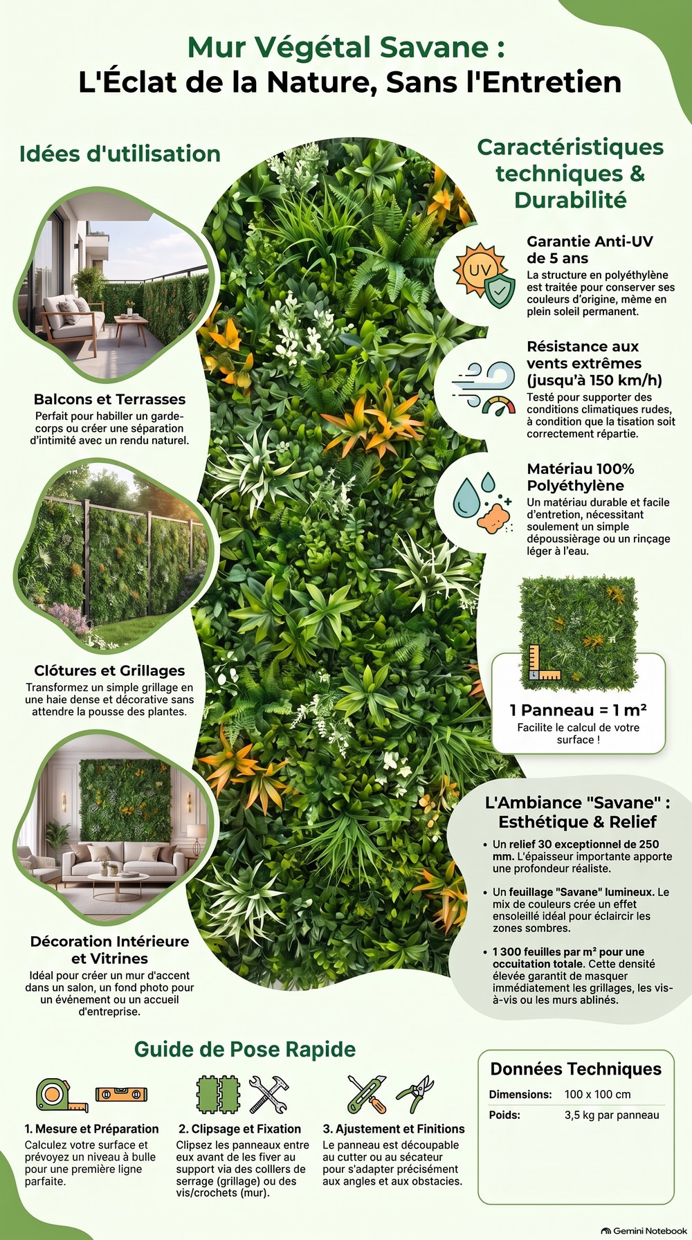 infographie technique du mur végétal artificeil savane par synthaietik