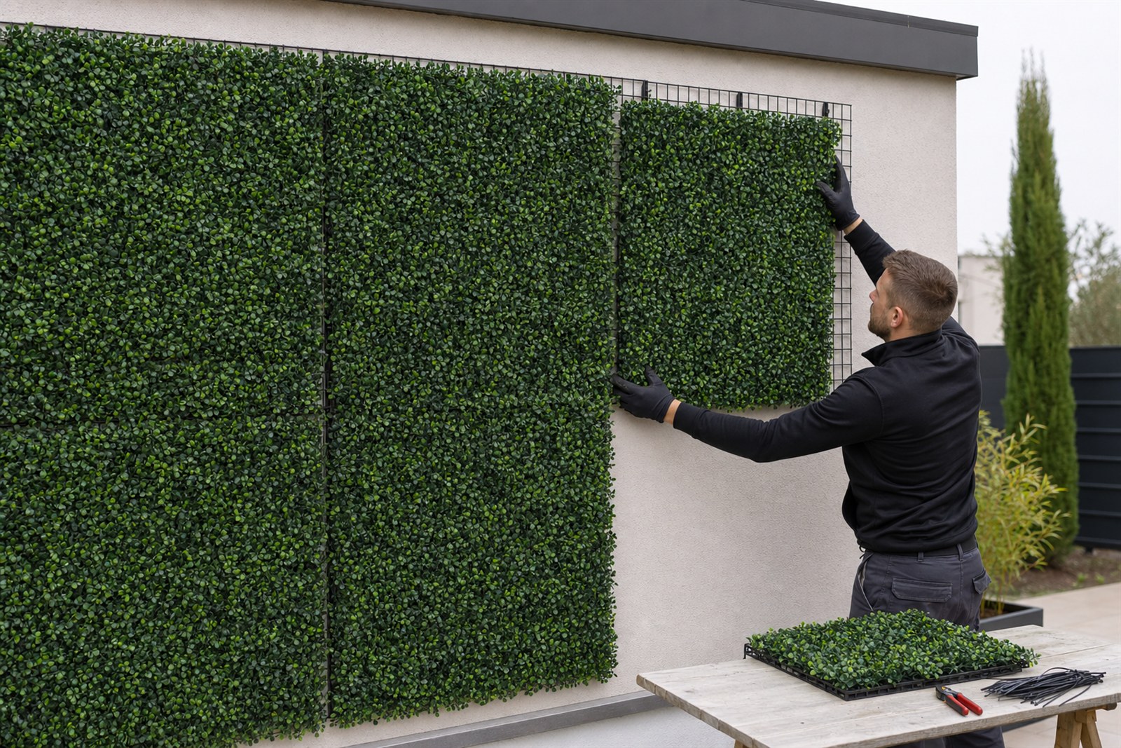 Alignement de plaques de haie artificielle sur une trame murale avec une chute conservée pour la finition