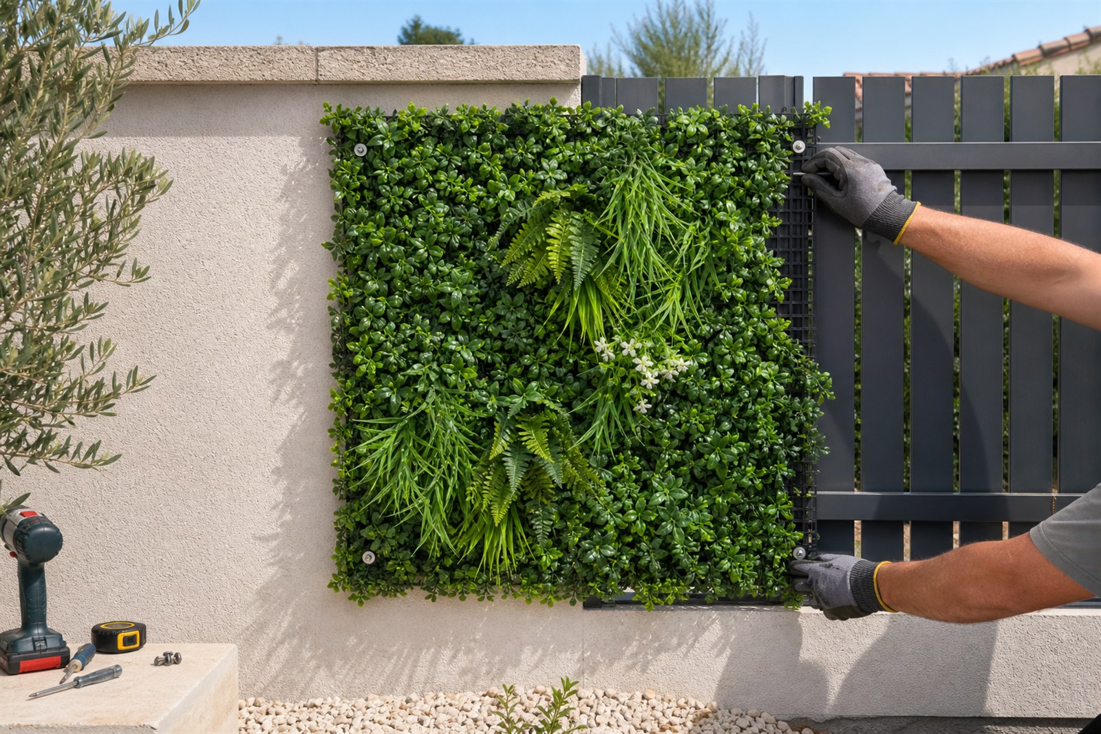 Panneau de mur végétal artificiel présenté entre un mur plein et une clôture avant fixation extérieure