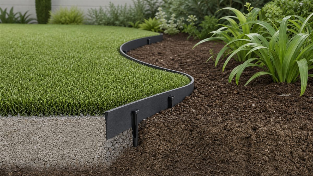 Bordure jardin flexible en PVC recyclé posée en courbe et retenant le sable compacté sous un gazon synthétique