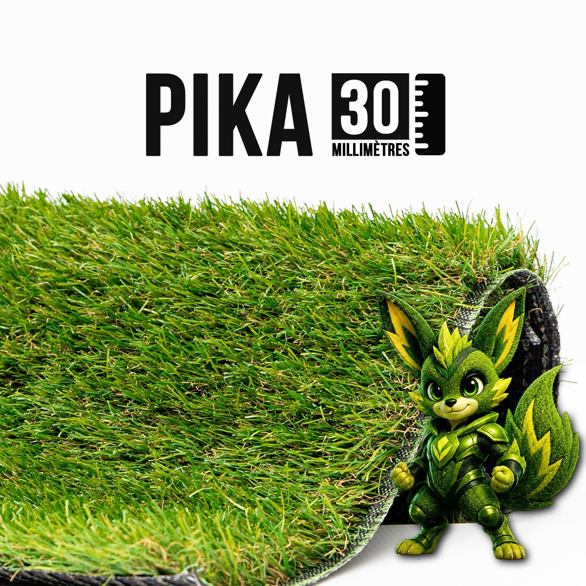 Visuel Pika 30 mm avec rouleau de gazon synthetique vert et mention de la hauteur de 30 millimetres