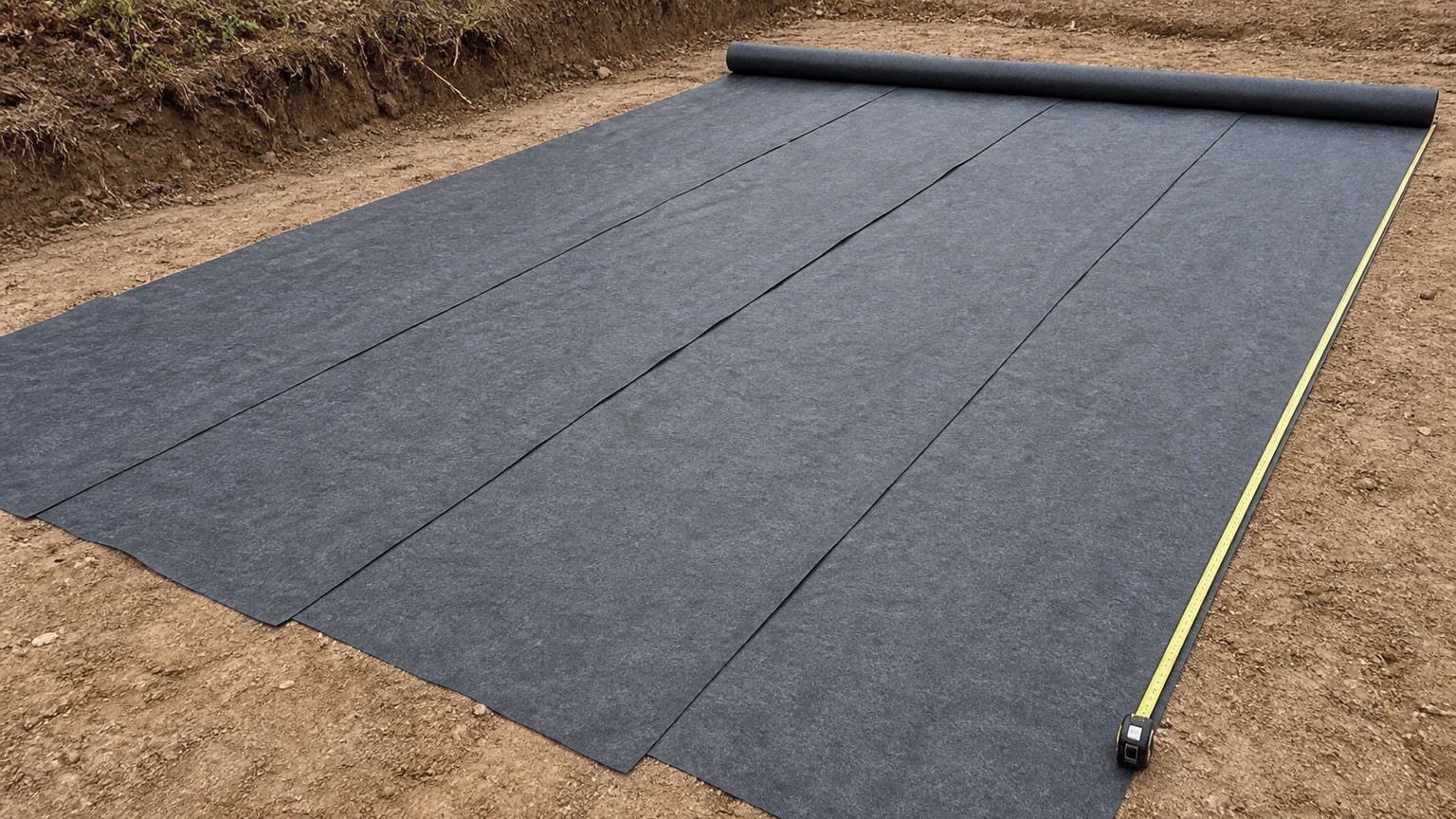 Calepinage d'un rouleau géotextile 150 g/m² de 1,50 x 25 m sur un chantier rectangulaire