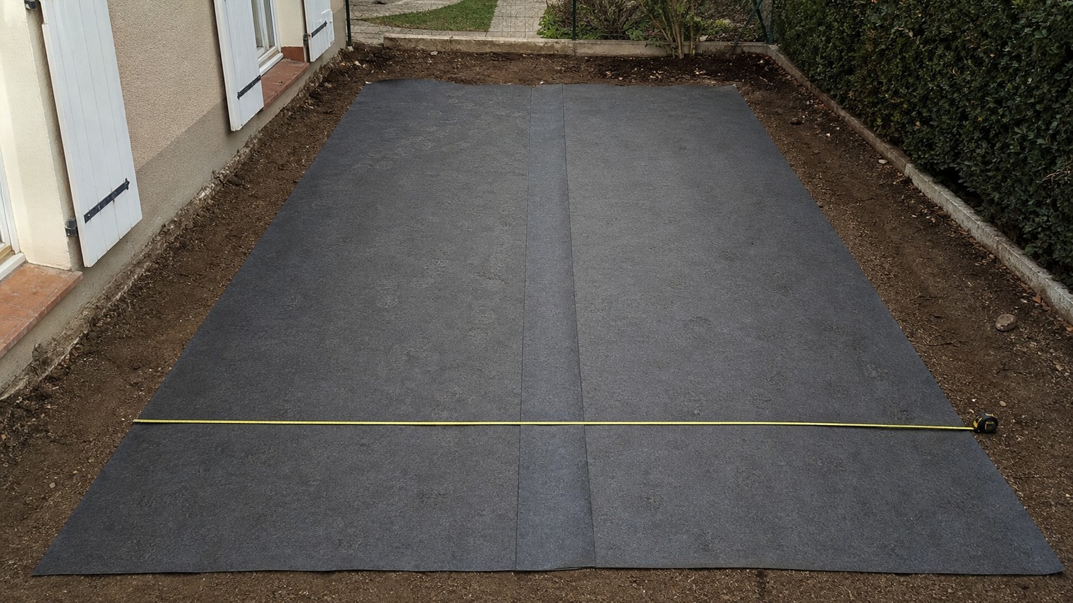 Pose de deux lés de géotextile 150 g/m² de 2 m de large sur une zone de 3,80 m