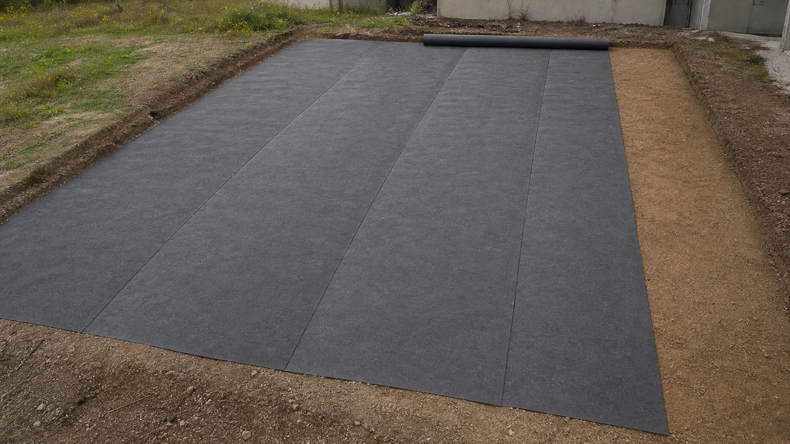 Calepinage d'un grand rouleau géotextile 150 g/m² de 2 x 50 m sur un chantier de 96 m²