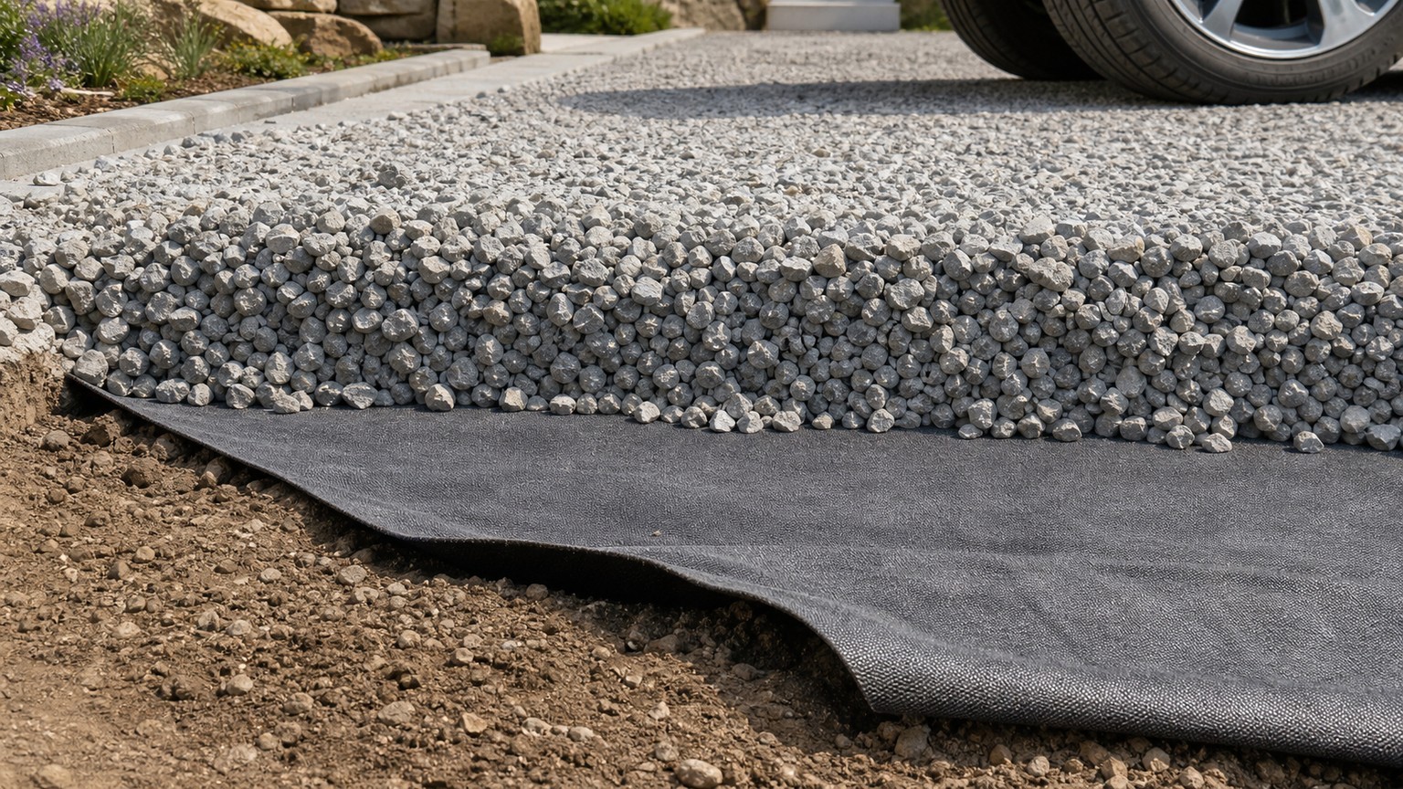 Coupe réaliste d'une allée carrossable avec géotextile 300 g/m² sous les agrégats compactés