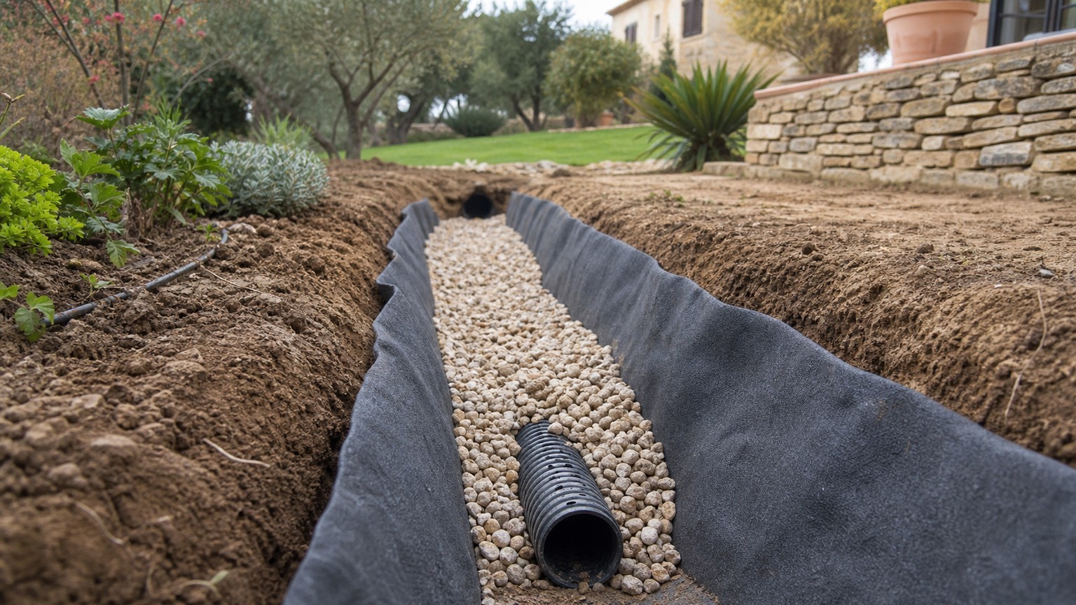 Coupe d'une tranchée drainante avec terre, géotextile filtrant et gravier perméable