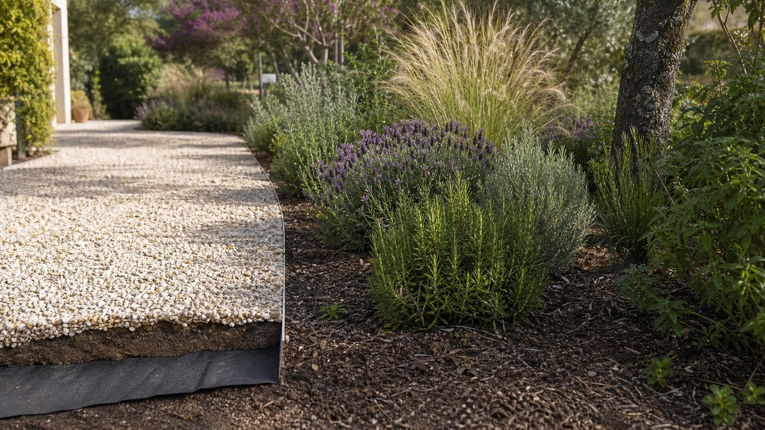 Jardin avec chemin de gravier sur géotextile séparé d'un massif planté sans toile minérale