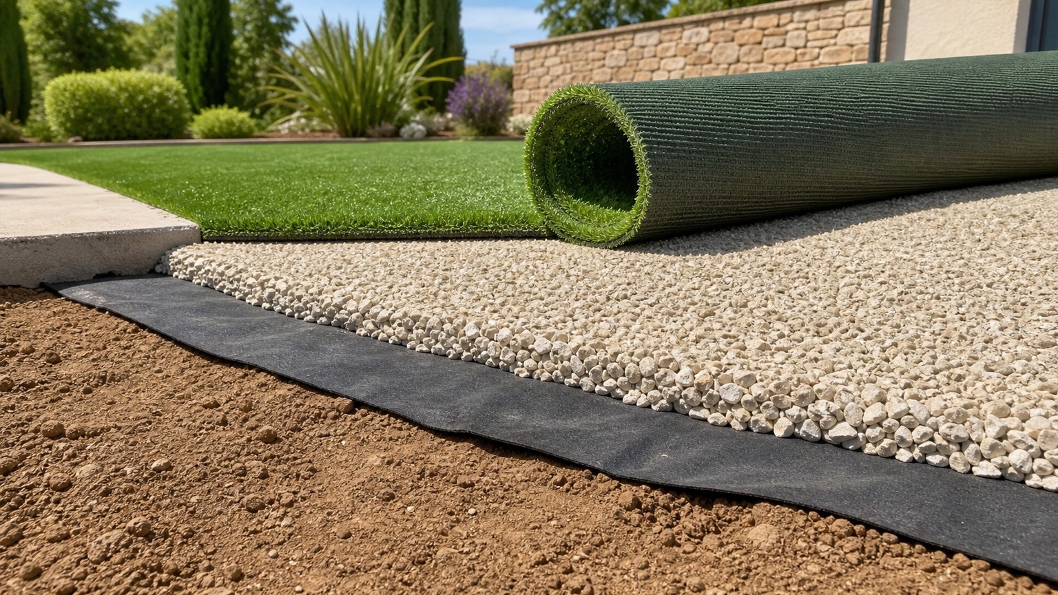 Coupe de pose sur terre avec géotextile sous la couche minérale compactée puis gazon synthétique