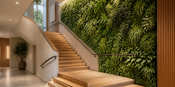 Mur végétal artificiel dans un escalier : le décor se juge depuis les marches