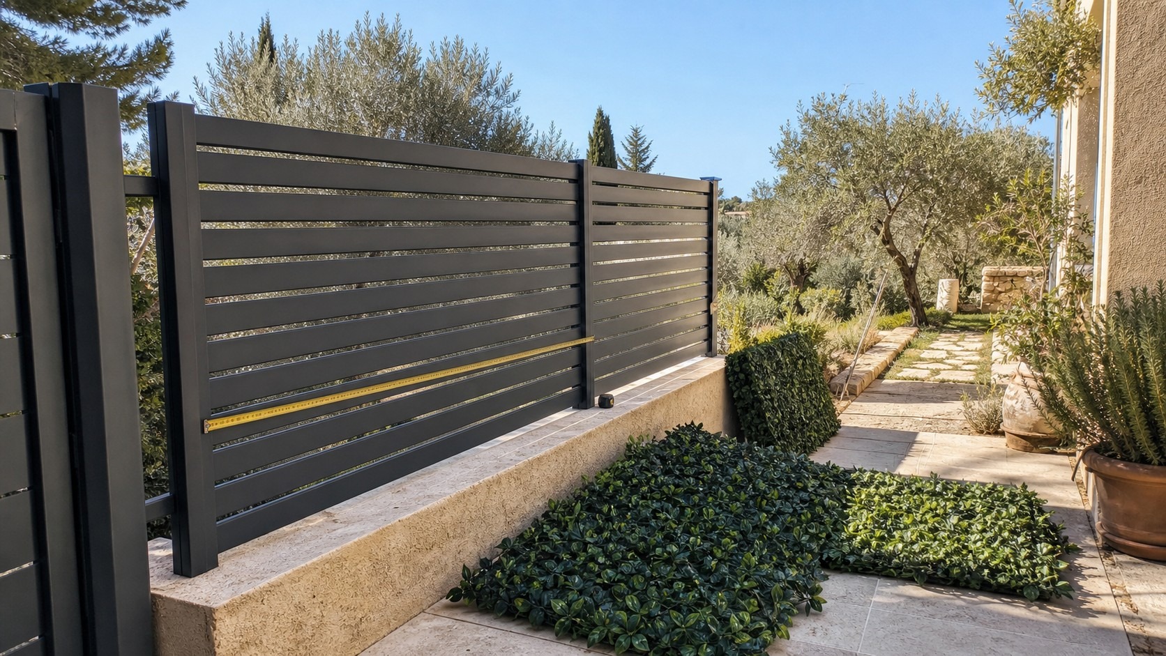Préparation d'un brise-vue artificiel dans le Var avec mesures du support et contrôle de l'exposition